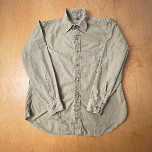 Vintage Post WWII USN Medium Solid Beige Long Sleeve Full Button Collared Shirt - Picture 1 of 11